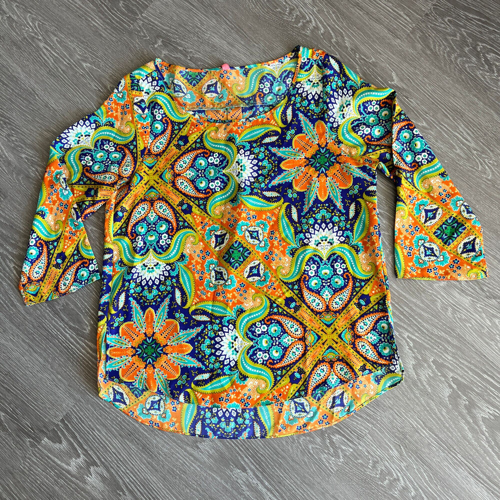 Eight Sixty Top Womens Medium Colorful Roll Up Sleeve Boho Hippie